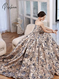 Gorgeous Evening Dresses Jacquard Printed Satin With Train Princess Sleeveless Strapless A Line