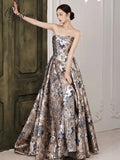 Gorgeous Evening Dresses Jacquard Printed Satin With Train Princess Sleeveless Strapless A Line