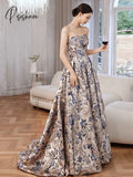 Gorgeous Evening Dresses Jacquard Printed Satin With Train Princess Sleeveless Strapless A Line