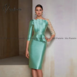 Green Scalloped 3D Flower Wedding Guest Gown Knee Length Belt Mermaid Mother Of The Bride Dresses