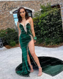 Green Velvet Sexy Prom Dresses Strapless Crystals Sparkly High Split Plus Size Women Long Evening