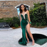 Green Velvet Sexy Prom Dresses Strapless Crystals Sparkly High Split Plus Size Women Long Evening