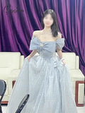 Grey Blue Evening Dress A-Line Off The Shoulder Lace Up Shiny Sequined Bow Strapless Beading