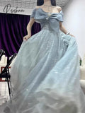 Grey Blue Evening Dress A-line Off The Shoulder Lace Up Shiny Sequined Bow Strapless Beading Backless Celebrity Prom Gowns New