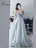 Grey Blue Evening Dress A-Line Off The Shoulder Lace Up Shiny Sequined Bow Strapless Beading