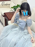 Grey Blue Evening Dress A-Line Off The Shoulder Lace Up Shiny Sequined Bow Strapless Beading