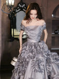 Grey Evening Dresses Flowers A-Line Off The Shoulder High-End Beading Long Wedding Bridesmaid Prom