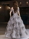 Grey Evening Dresses Flowers A-Line Off The Shoulder High-End Beading Long Wedding Bridesmaid Prom