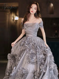Grey Evening Dresses Flowers A-Line Off The Shoulder High-End Beading Long Wedding Bridesmaid Prom