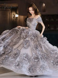 Grey Evening Dresses Flowers A-Line Off The Shoulder High-End Beading Long Wedding Bridesmaid Prom