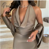 Halter Neck Sexy Backless Floor-Length Women Simple Party Dress Shore Satin Evening Dresses