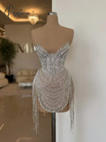 High Quality Crystal Beads Prom Gown Luxury Tassel Mini Cocktail Dresses Sexy Deep V-Neck Sleveless