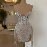 High Quality Crystal Beads Prom Gown Luxury Tassel Mini Cocktail Dresses Sexy Deep V-neck Sleveless Evening Dress Robe De Mariée