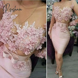 Homecoming Dress Pink Crew-Neck Short Prom Pairt With Lace Appliqued Pearls Graduation Sheath