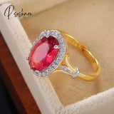 Huitan Big Oval Shaped Rose Red Cubic Zirconia Women Rings Luxury Ladies Jewelry For Party Best