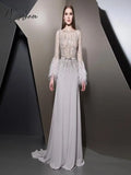 Illusion Top A-Line Feather Evening Dresses Scoop Neck Long Sleeve Beaded Sequin Celebrity Chiffon