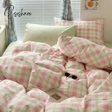 Ins Pink Green Lattice Stripe Bedding Set Plaid Duvet Cover Soft Microfiber Bed Linen Twin Full