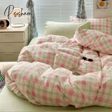 Ins Pink Green Lattice Stripe Bedding Set Plaid Duvet Cover Soft Microfiber Bed Linen Twin Full