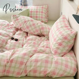 Ins Pink Green Lattice Stripe Bedding Set Plaid Duvet Cover Soft Microfiber Bed Linen Twin Full