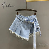 Irregular Pink Denim Skirt Women’s Summer High Waist Slimming False Two-Piece A- Line Workwear