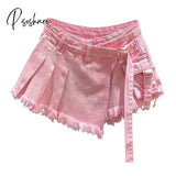 Irregular Pink Denim Skirt Women’s Summer High Waist Slimming False Two-Piece A- Line Workwear