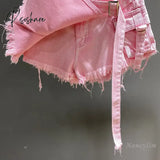 Irregular Pink Denim Skirt Women’s Summer High Waist Slimming False Two-Piece A- Line Workwear