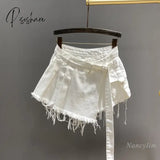 Irregular Pink Denim Skirt Women’s Summer High Waist Slimming False Two-Piece A- Line Workwear