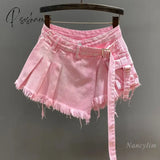 Irregular Pink Denim Skirt Women’s Summer High Waist Slimming False Two-Piece A- Line Workwear
