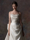 Ivory Wedding Dresses Simple Bow Off The Shoulder Silk Pearl Beading Boat Neck Sweep Train Lace Up