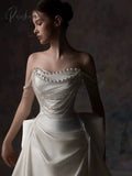 Ivory Wedding Dresses Simple Bow Off The Shoulder Silk Pearl Beading Boat Neck Sweep Train Lace Up