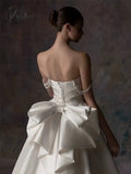 Ivory Wedding Dresses Simple Bow Off The Shoulder Silk Pearl Beading Boat Neck Sweep Train Lace Up