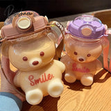 Kawaii Bear Plastic Water Bottle With Straw Portable Strap Cute Kids Bottles For Girls Summer Large