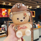 Kawaii Bear Plastic Water Bottle With Straw Portable Strap Cute Kids Bottles For Girls Summer Large