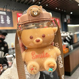 Kawaii Bear Plastic Water Bottle With Straw Portable Strap Cute Kids Bottles For Girls Summer Large