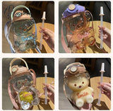 Kawaii Bear Plastic Water Bottle With Straw Portable Strap Cute Kids Bottles For Girls Summer Large