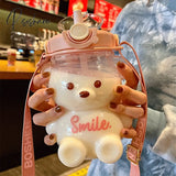 Kawaii Bear Plastic Water Bottle With Straw Portable Strap Cute Kids Bottles For Girls Summer Large