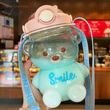 Kawaii Bear Plastic Water Bottle With Straw Portable Strap Cute Kids Bottles For Girls Summer Large