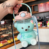 Kawaii Bear Plastic Water Bottle With Straw Portable Strap Cute Kids Bottles For Girls Summer Large