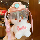 Kawaii Bear Plastic Water Bottle With Straw Portable Strap Cute Kids Bottles For Girls Summer Large