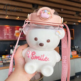 Kawaii Bear Plastic Water Bottle With Straw Portable Strap Cute Kids Bottles For Girls Summer Large