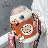 Kawaii Cute Bear Thermos Water Bottle With Straw For Kids Girl Portable Leak Proof School