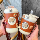 Kawaii Cute Bear Thermos Water Bottle With Straw For Kids Girl Portable Leak Proof School