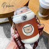 Kawaii Cute Bear Thermos Water Bottle With Straw For Kids Girl Portable Leak Proof School