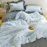 Korea Princess Style Ruffles Seersucker Sheet Pillowcase & Duvet Cover Sets 4Pc Set Soft Washed