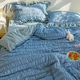 Korea Princess Style Ruffles Seersucker Sheet Pillowcase & Duvet Cover Sets 4Pc Set Soft Washed