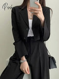 Korean Ol Short Suits Sets Women Casual Loose Crop Blazers Jackets Conjunto New High Waist Wide Leg