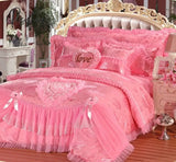 Korean Style Princess Wedding Bedding Set Luxury Pink Heart Lace Jacquard Satin Duvet Cover