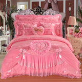 Korean Style Princess Wedding Bedding Set Luxury Pink Heart Lace Jacquard Satin Duvet Cover
