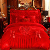 Korean Style Princess Wedding Bedding Set Luxury Pink Heart Lace Jacquard Satin Duvet Cover