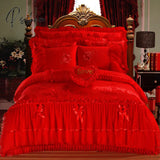 Korean Style Princess Wedding Bedding Set Luxury Pink Heart Lace Jacquard Satin Duvet Cover